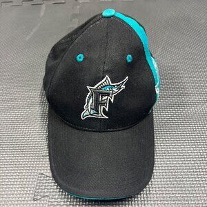 Florida Marlins Black Teal Accent Fitted Baseball Cap With Embroidered Logo